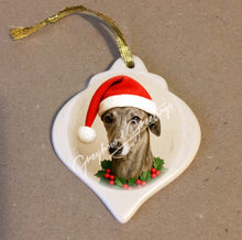 Load image into Gallery viewer, Greyhound or Whippet Dog in Santa Hat Shaped Porcelain Ornament