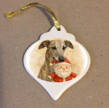 Load image into Gallery viewer, Greyhound or Whippet Dog iwith Toy Shaped Porcelain Ornament