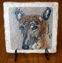 Load image into Gallery viewer, Shy Brindle Greyhound Tile Trivet with Display Stand
