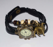 Load image into Gallery viewer, Black Wrap Bracelet Watch w Bronze Wings, Heart + Greyhound Dog Charms
