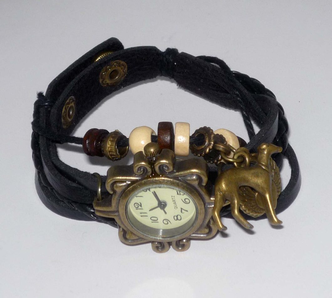 Black Wrap Bracelet Watch w Bronze Wings, Heart + Greyhound Dog Charms