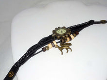 Load image into Gallery viewer, Black Wrap Bracelet Watch w Bronze Wings, Heart + Greyhound Dog Charms
