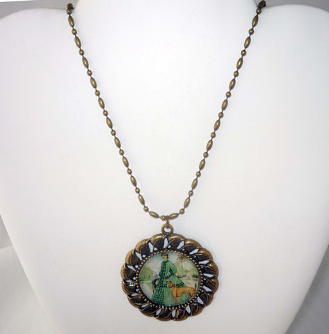 Altered Art Lady with Two Greyhound Dogs Pendant Necklace