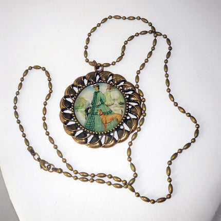Altered Art Lady with Two Greyhound Dogs Pendant Necklace