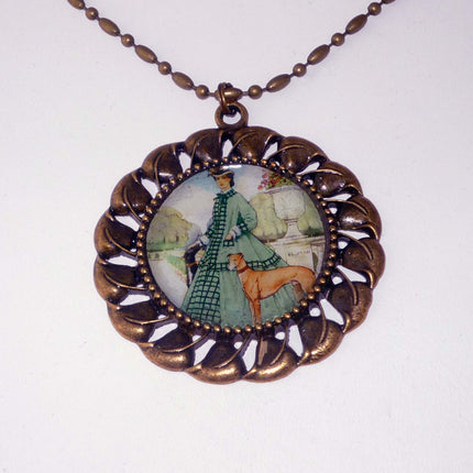 Altered Art Lady with Two Greyhound Dogs Pendant Necklace