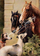 Load image into Gallery viewer, Horses &amp; Greyhound Dogs Art Notecards Set of 4 w/envelopes
