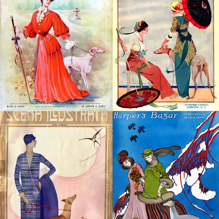 Vintage Magazine Covers: Ladies & Greyhound Dogs Art Notecards Set of 4