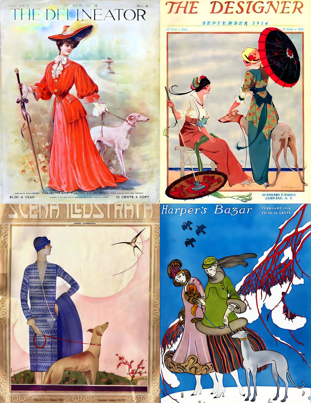 Vintage Magazine Covers: Ladies & Greyhound Dogs Art Notecards Set of 4
