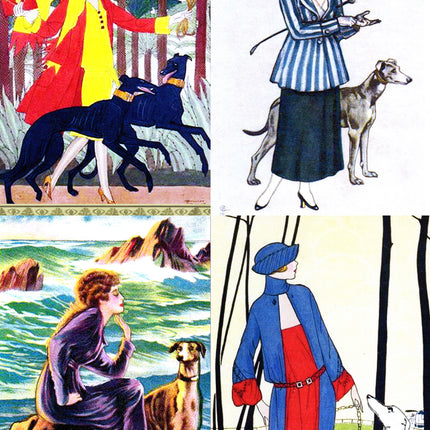 Ladies & Greyhound Dogs II Art Notecards Set of 4 w/envelopes