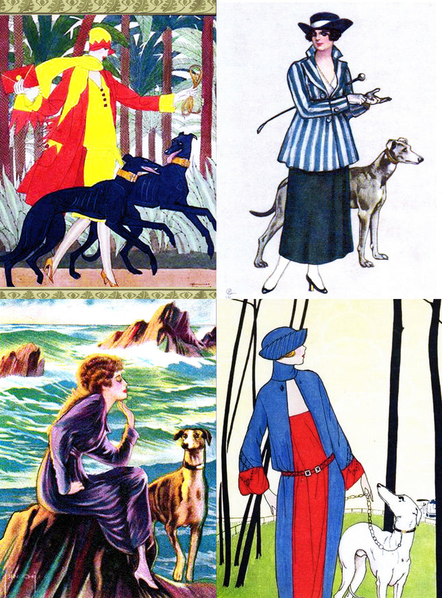 Ladies & Greyhound Dogs II Art Notecards Set of 4 w/envelopes