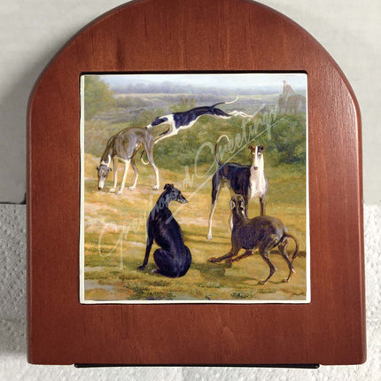 Elegant Vintage Artwork Greyhounds in the Field Rosewood Bookends