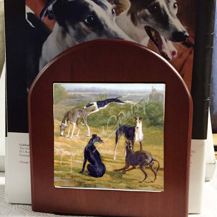 Elegant Vintage Artwork Greyhounds in the Field Rosewood Bookends