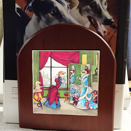 Whimsical Vintage Artwork Dressed Up Greyhounds Rosewood Bookends