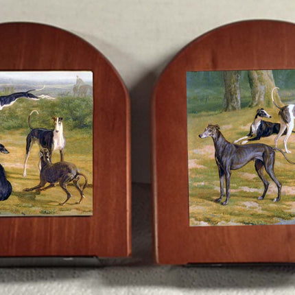 Elegant Vintage Artwork Greyhounds in the Field Rosewood Bookends