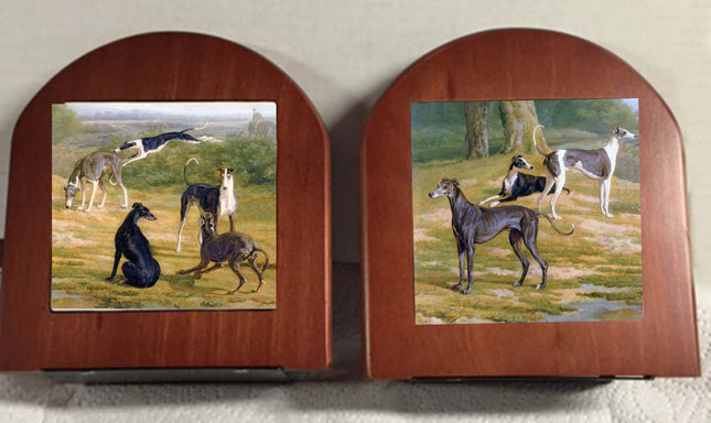 Elegant Vintage Artwork Greyhounds in the Field Rosewood Bookends