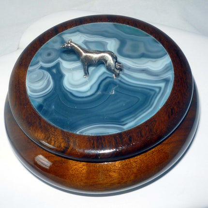 Greyhound Adorned Wood and Onyx Covered Dish