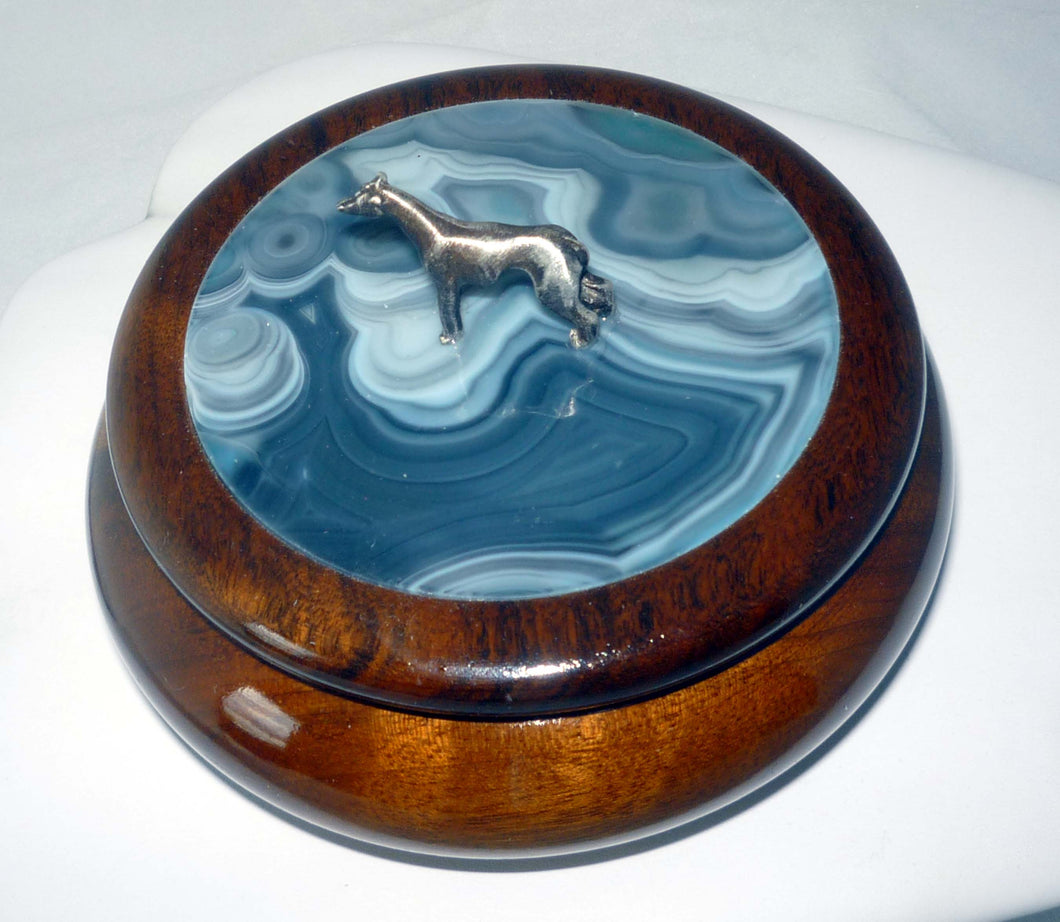 Greyhound Adorned Wood and Onyx Covered Dish