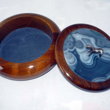 Greyhound Adorned Wood and Onyx Covered Dish