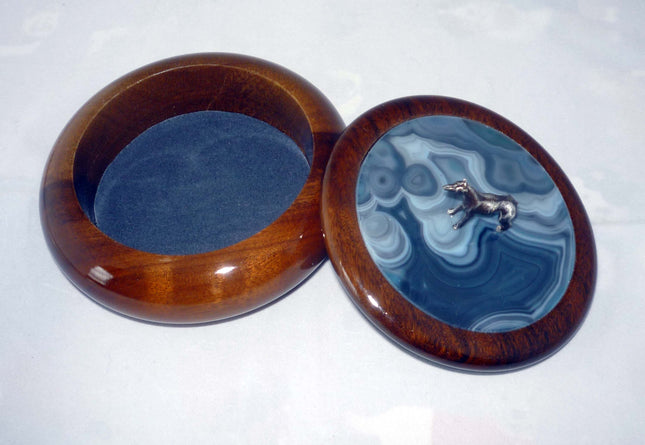Greyhound Adorned Wood and Onyx Covered Dish