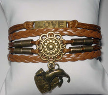 Load image into Gallery viewer, Brown Leather Wrap Bracelet w Bronze Love, Heart + Greyhound Dog Charms
