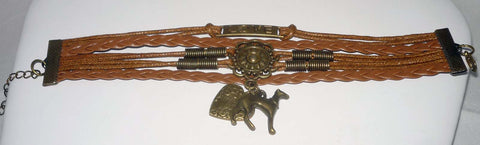 Brown Leather Wrap Bracelet w Bronze Love, Heart + Greyhound Dog Charms