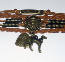 Load image into Gallery viewer, Brown Leather Wrap Bracelet w Bronze Love, Heart + Greyhound Dog Charms
