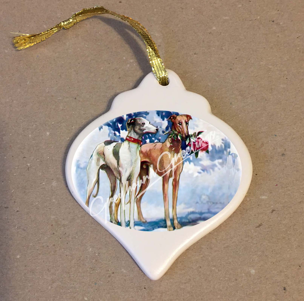 Pair of Greyhound or Whippets Altered Art Porcelain Ornament