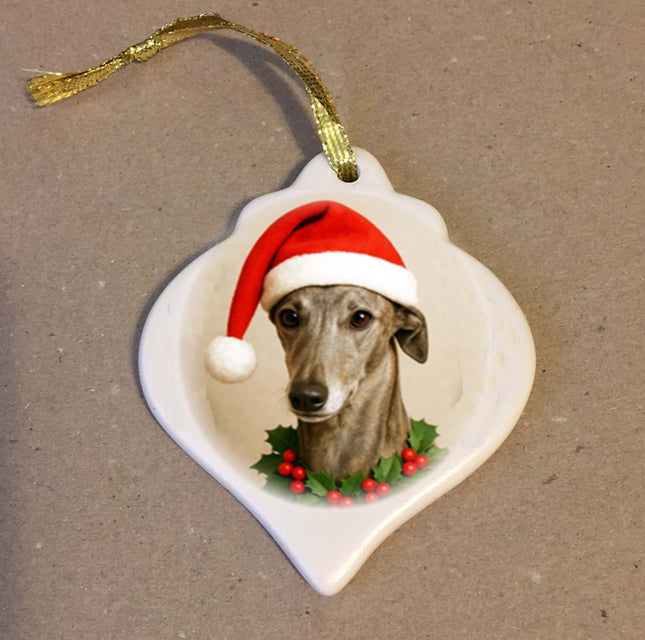 Greyhound or Whippet Dog in Santa Hat Shaped Porcelain Ornament