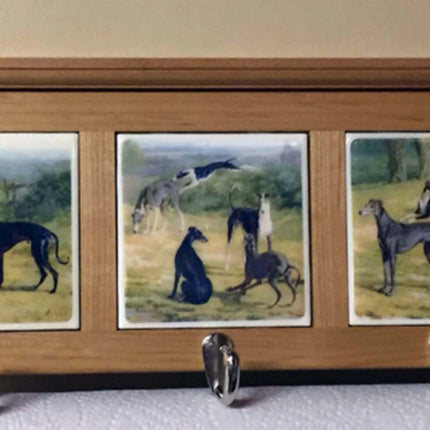 Wood Framed Greyhound Triptych Tile Leash or Coat Hooks, New *Exclusive*
