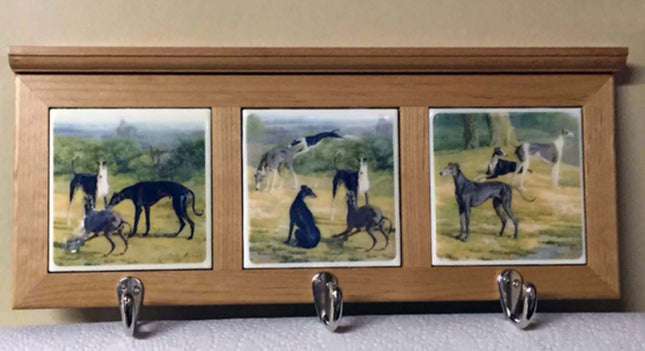 Wood Framed Greyhound Triptych Tile Leash or Coat Hooks, New *Exclusive*