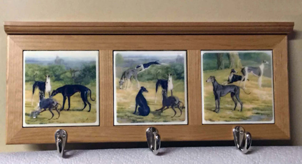 Wood Framed Greyhound Triptych Tile Leash or Coat Hooks, New *Exclusive*