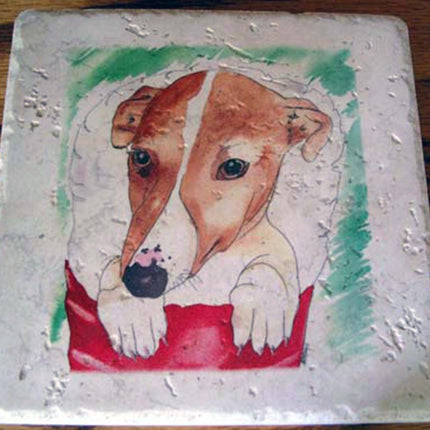 Greyhound Puppy in Christmas Stocking Tile Trivet with Display Stand