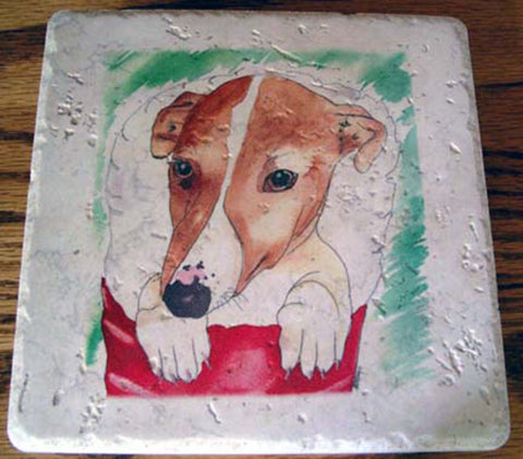Greyhound Puppy in Christmas Stocking Tile Trivet with Display Stand