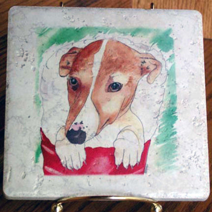 Greyhound Puppy in Christmas Stocking Tile Trivet with Display Stand