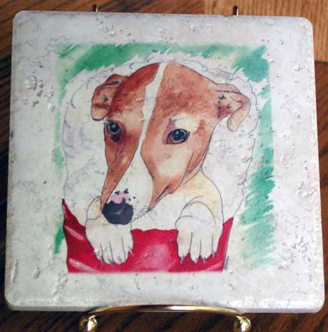 Greyhound Puppy in Christmas Stocking Tile Trivet with Display Stand