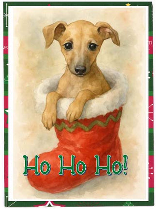 Greyhound Puppy in a Christmas Stocking Holiday Cards - Set/4 w Env
