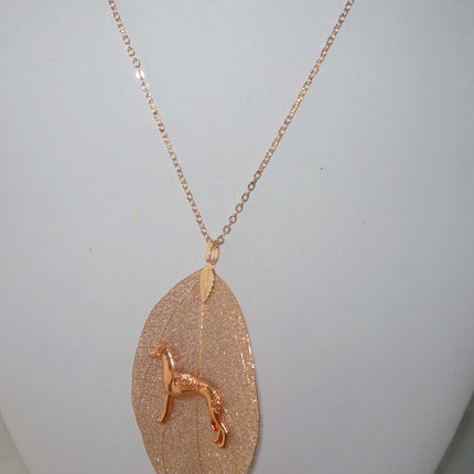 Rose Gold Leaf Pendant with RG Greyhound, Rose Gold Necklace
