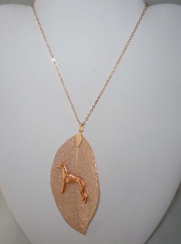 Rose Gold Leaf Pendant with RG Greyhound, Rose Gold Necklace