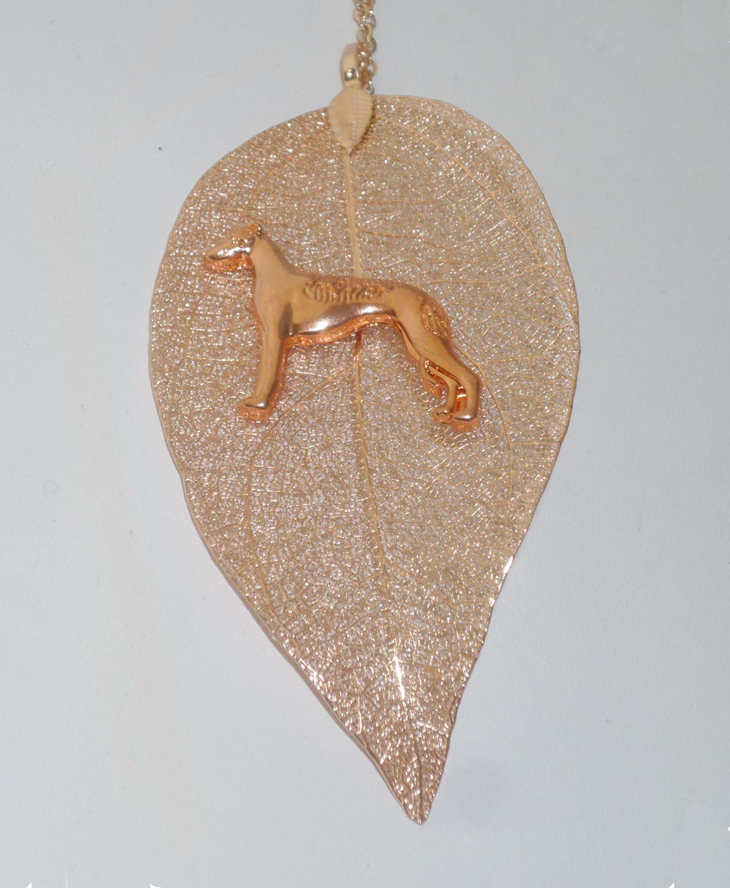 Rose Gold Leaf Pendant with RG Greyhound, Rose Gold Necklace