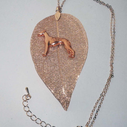 Rose Gold Leaf Pendant with RG Greyhound, Rose Gold Necklace