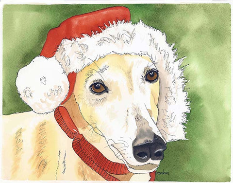 Greyhound Santa Watercolor Notecards -  Set/4