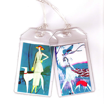 Set of 2 Greyhound Luggage Tags - Vintage Altered Art Teal Ladies