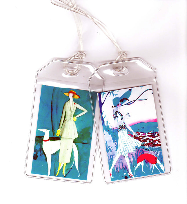 Set of 2 Greyhound Luggage Tags - Vintage Altered Art Teal Ladies
