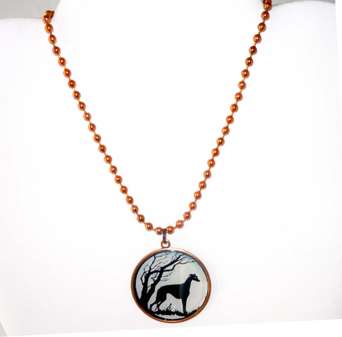 Altered Art Greyhound Dog Silhouette, Copper Pendant Necklace