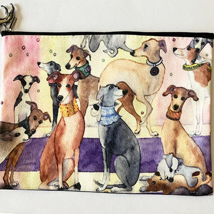 Whimsical Greyhounds or Whippet Dog Art Clutch/Makeup Bag with Charm