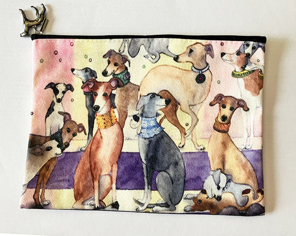Whimsical Greyhounds or Whippet Dog Art Clutch/Makeup Bag with Charm
