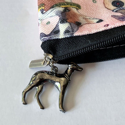 Whimsical Greyhounds or Whippet Dog Art Clutch/Makeup Bag with Charm