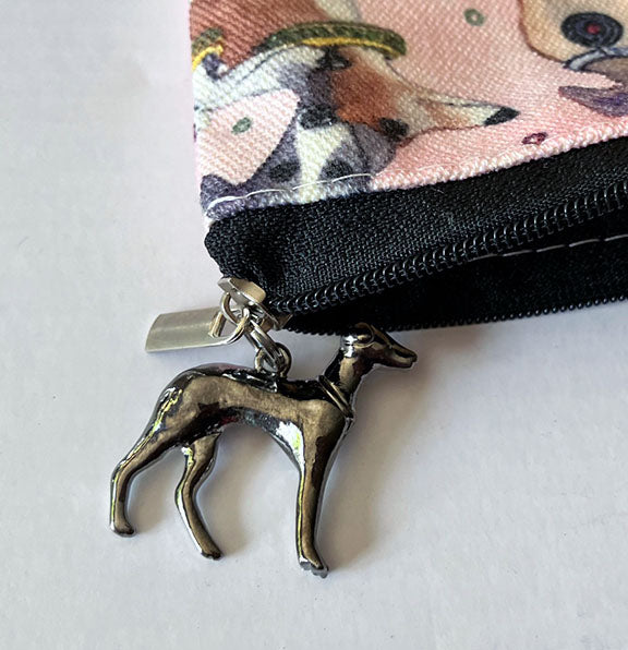 Whimsical Greyhounds or Whippet Dog Art Clutch/Makeup Bag with Charm