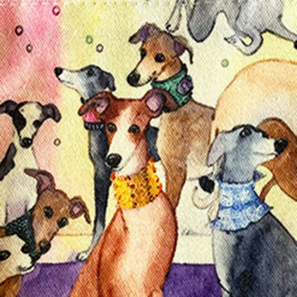 Whimsical Greyhounds or Whippet Dog Art Clutch/Makeup Bag with Charm