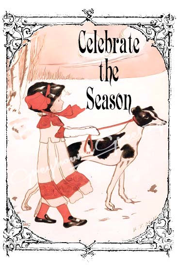 Vintage Altered Art Greyhound and Girl Christmas Cards - Set/4 w Env